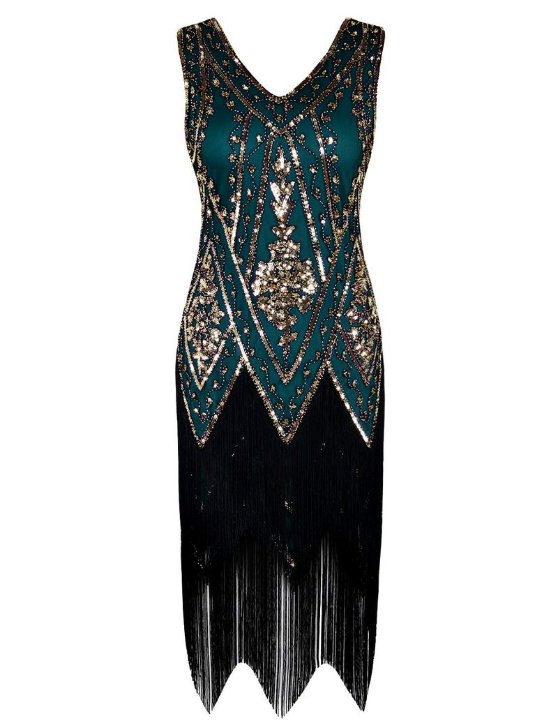 PrettyGuide Women's Roaring 20s Dress Vintage Swing Fringed Flapper Dress with 20s Accessories Set Gold Malachite Green S - Image 5